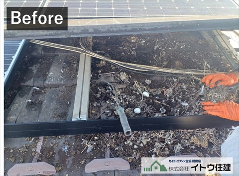 鳥害太陽光パネルに防鳥ネット取り付け1